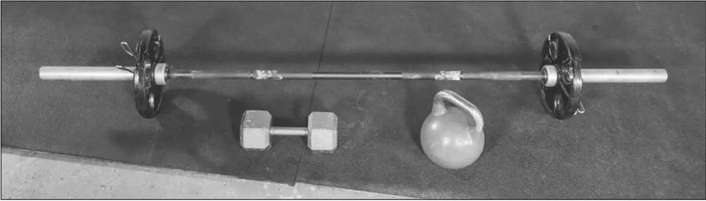 Figure 1.1 Comparison of a kettlebell, a dumbbell, and a barbell.