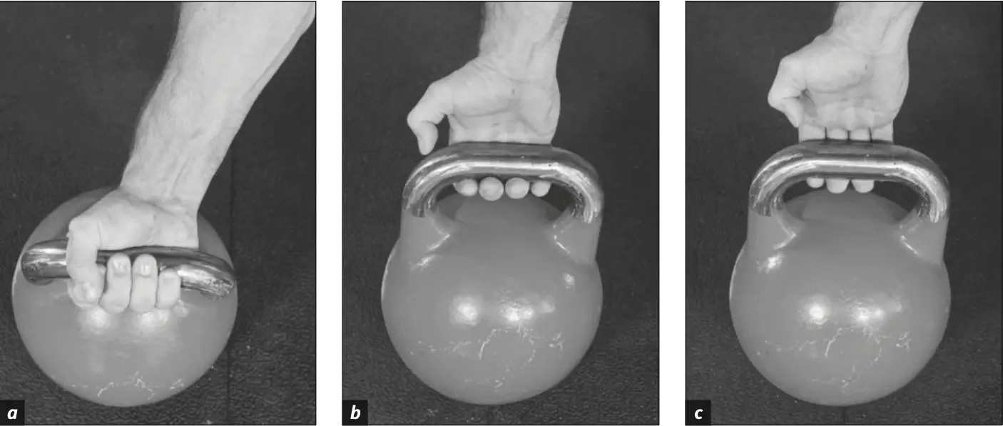 Figure 6.3 Incorrect kettlebell grips: (a) squeezing the palm, (b) holding too loosely, and (c) holding with only the fingertips.